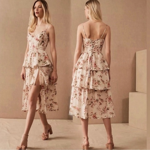 NEW HOUSE OF HARLOW 1960 Corset Tiered Floral Beige Cottage Midi Dress Sz M - Picture 1 of 7